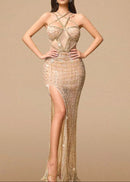 Palti Halter Sequin Bustier Maxi Dress In Gold