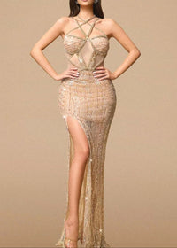 Palti Halter Sequin Bustier Maxi Dress In Gold