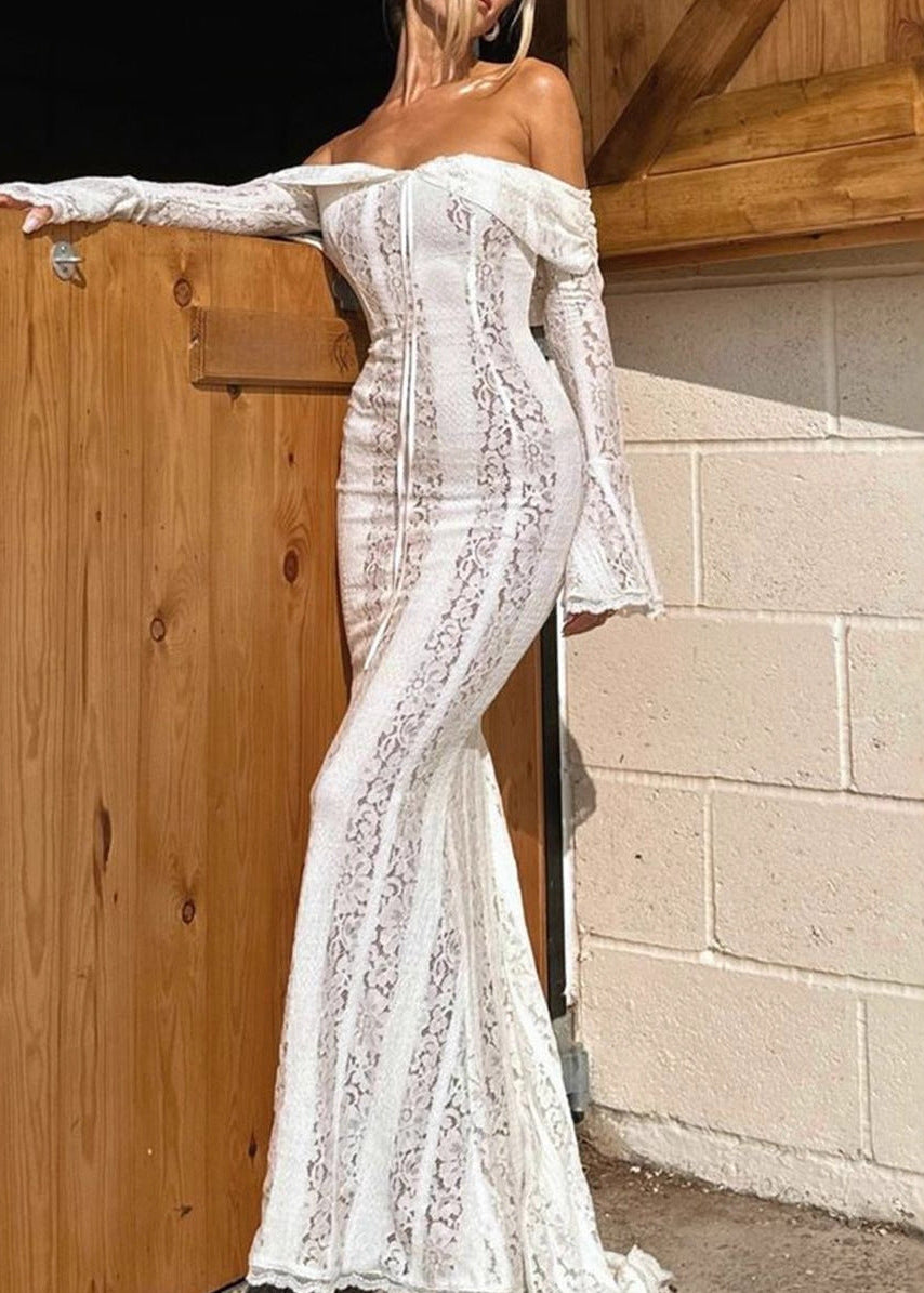 Pernilla Floral Lace Flared-Cuff Maxi Dress In Neutrals