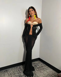 Gloria Long Sleeve Bustier Ruched Mesh Maxi Dress In Black