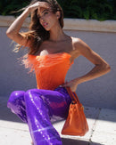 Juhan Orange Feather And Purple Sequined Trousers Two-Piece Set