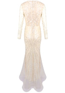 Hyrthos Long Sleeve Pearl Sequin Maxi Dress In Ivory