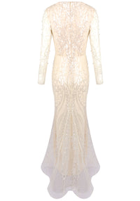 Hyrthos Long Sleeve Pearl Sequin Maxi Dress In Ivory