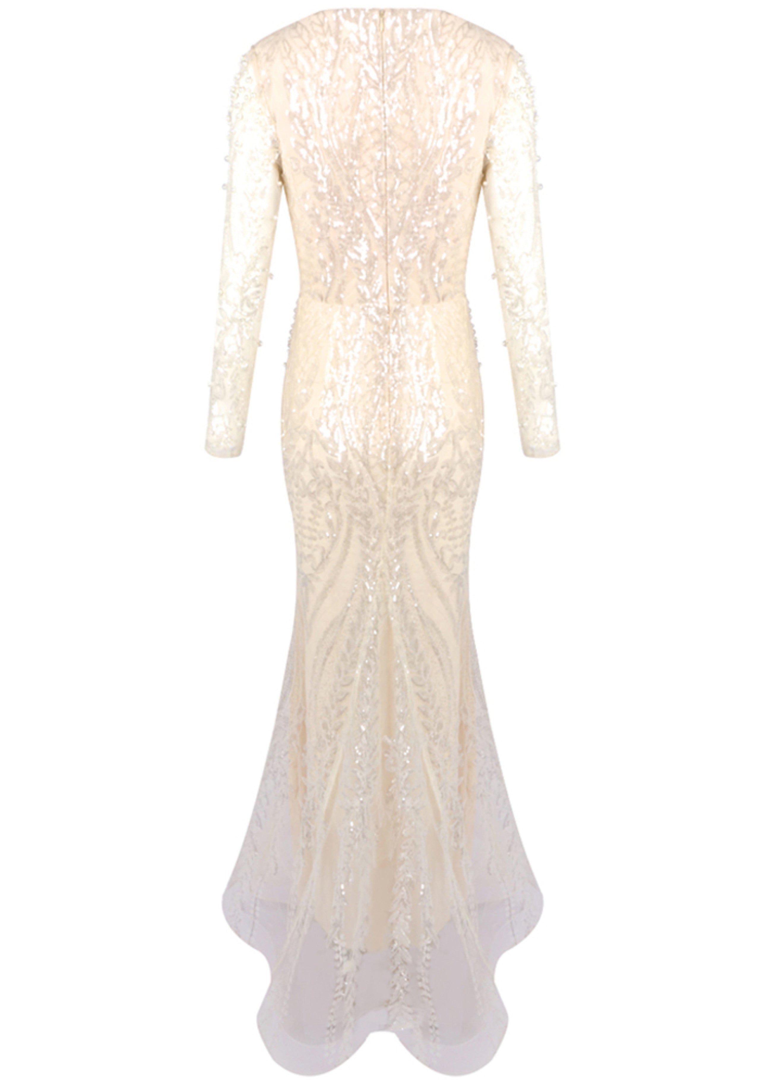 Hyrthos Long Sleeve Pearl Sequin Maxi Dress In Ivory