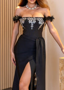 Naldrix Feather Bardot Crystal Maxi Dress In Black