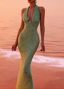 Barron Halter Sequin Embellished Maxi Dress In Green