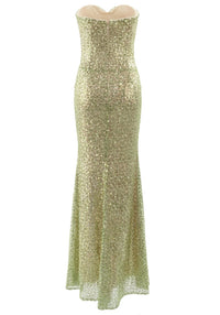 Basima Strapless Sequin Mesh Insert Maxi Dress In Green