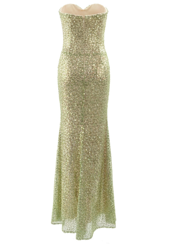 Basima Strapless Sequin Mesh Insert Maxi Dress In Green