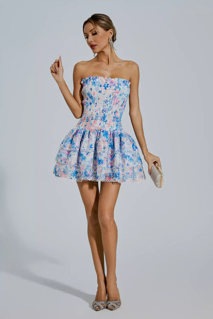 Fritia Floral Ruched Strapless Mini Dress In Blue