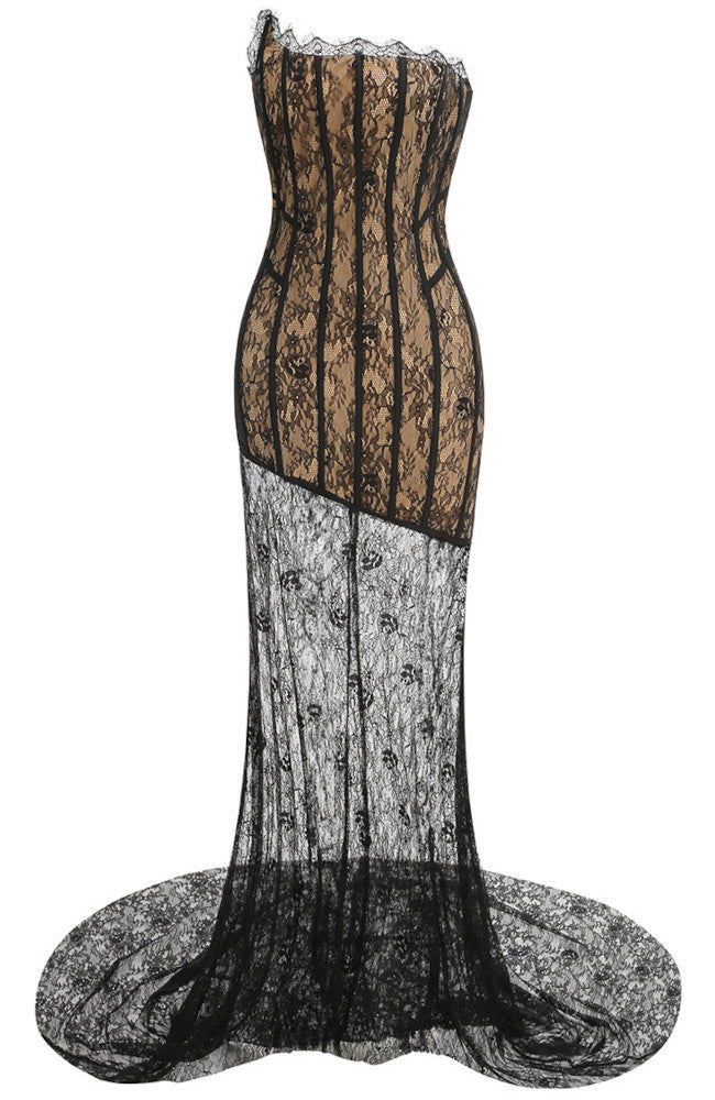 Galaxar Strapless Lace Insert Maxi Dress In Black