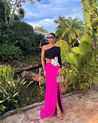 Unika Colorblock Beaded Floral One-Shoulder Bandage Maxi Dress