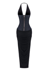 Chyna Halter Denim Insert Maxi Dress In Black