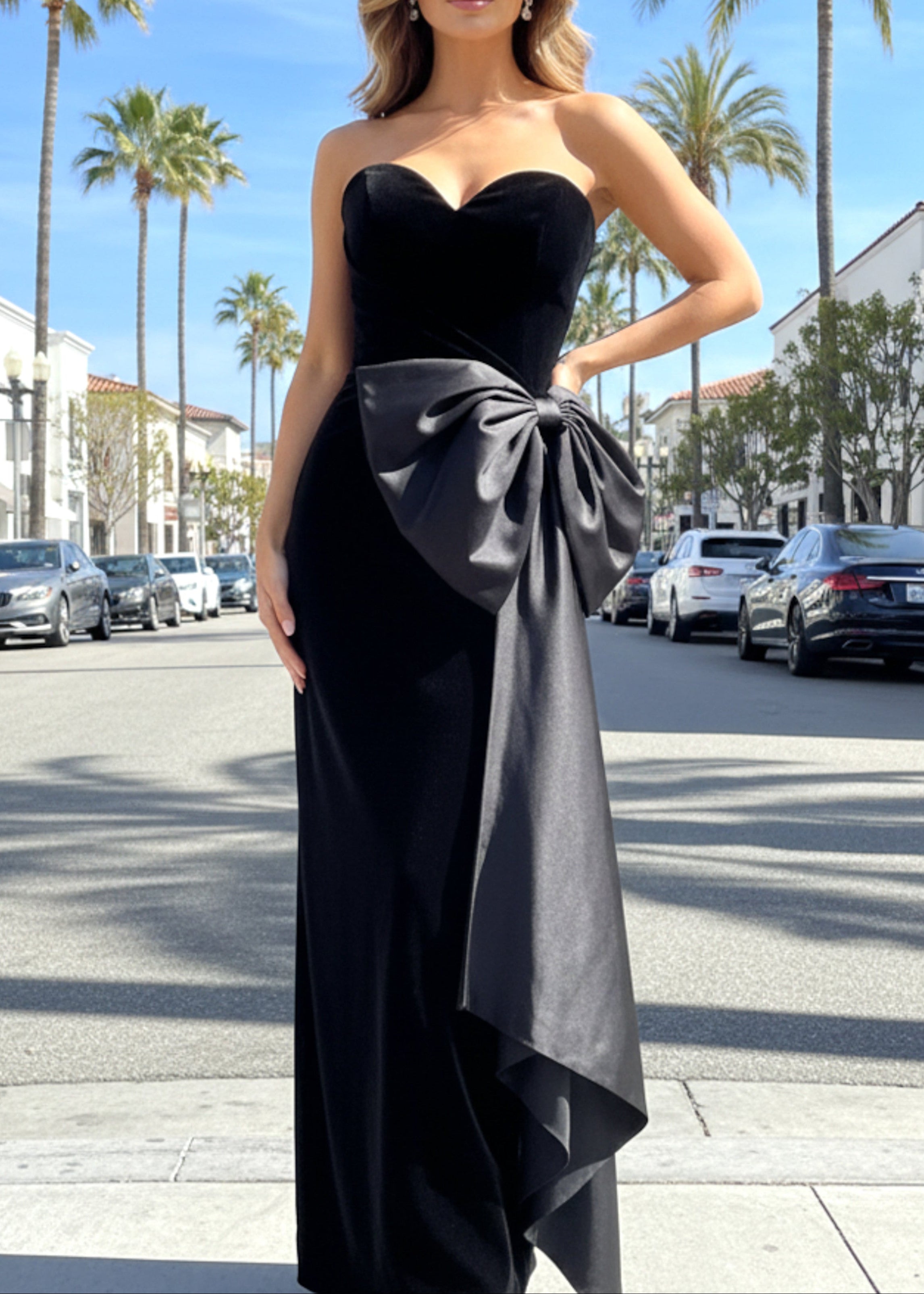 Faron Strapless Bow Maxi Velvet Dress In Black