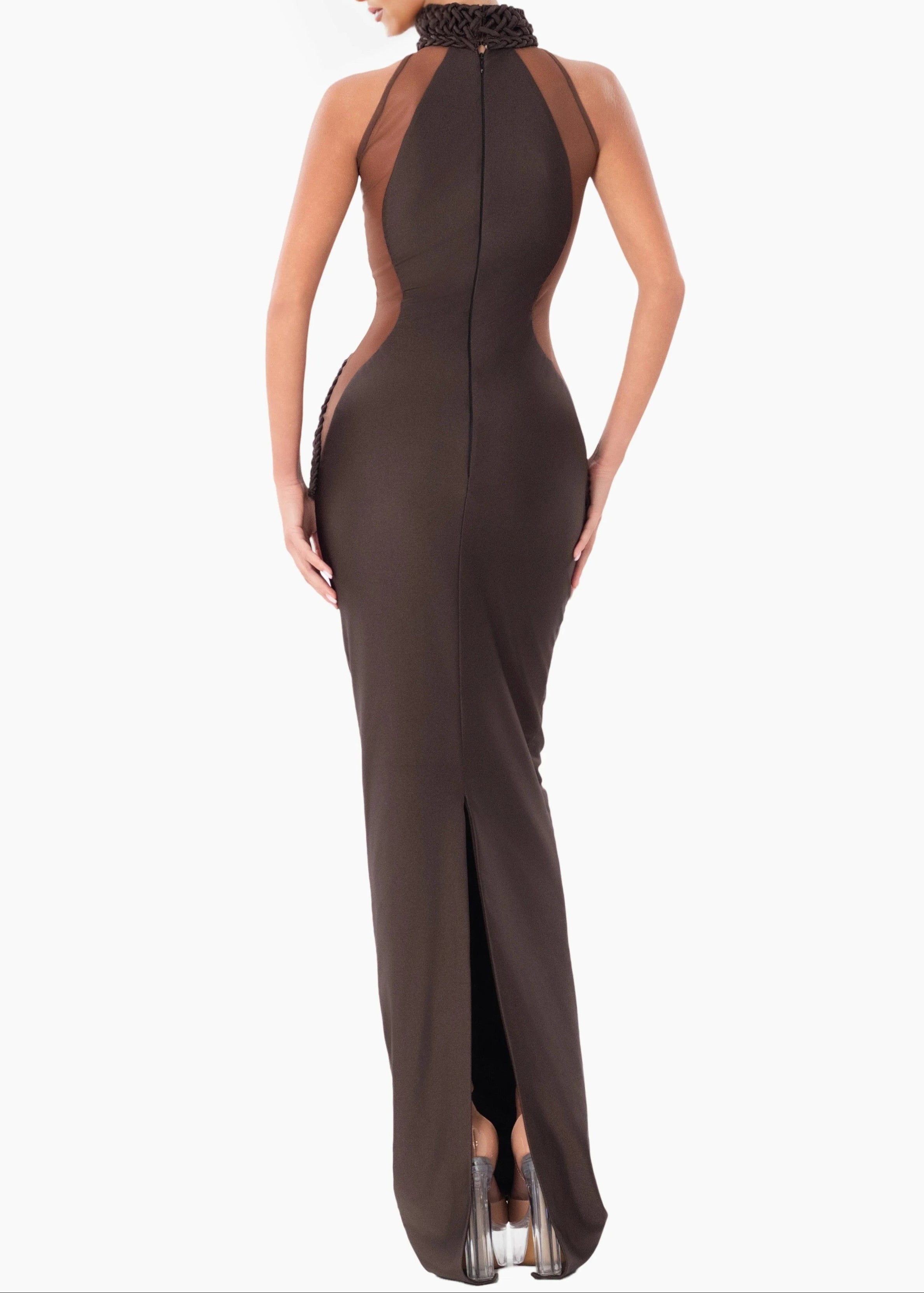 Emberi Braided Mesh Insert Maxi Dress In Brown