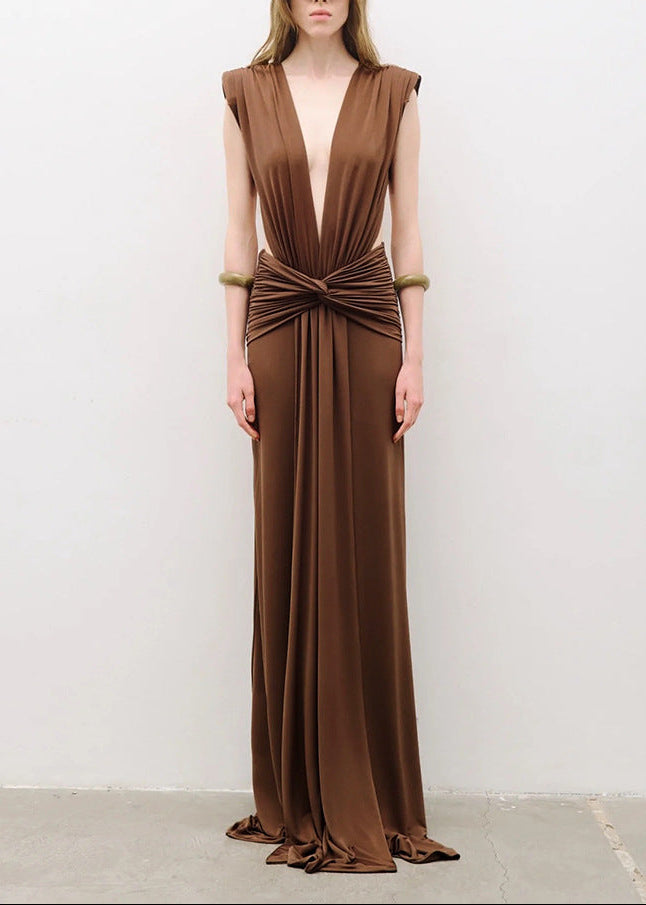 Velythar Gathered Sleeveless Deep V Maxi Dress