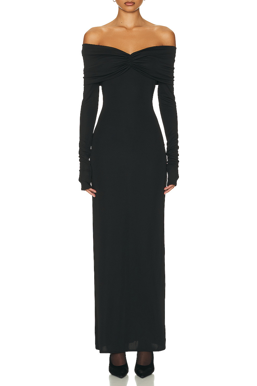 Jillie Off-The-Shoulder Strapless Smocked Maxi Dress In Black