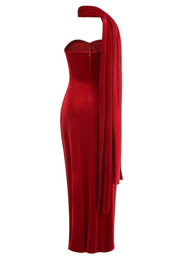 Arythix Velvet Flower Maxi Dress In Red