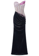 Roger Strapless Crystal Corset Maxi Velvet Dress In Hot Pink Black