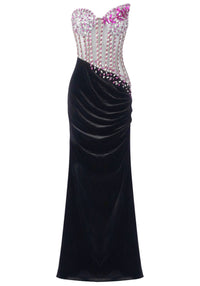 Roger Strapless Crystal Corset Maxi Velvet Dress In Hot Pink Black