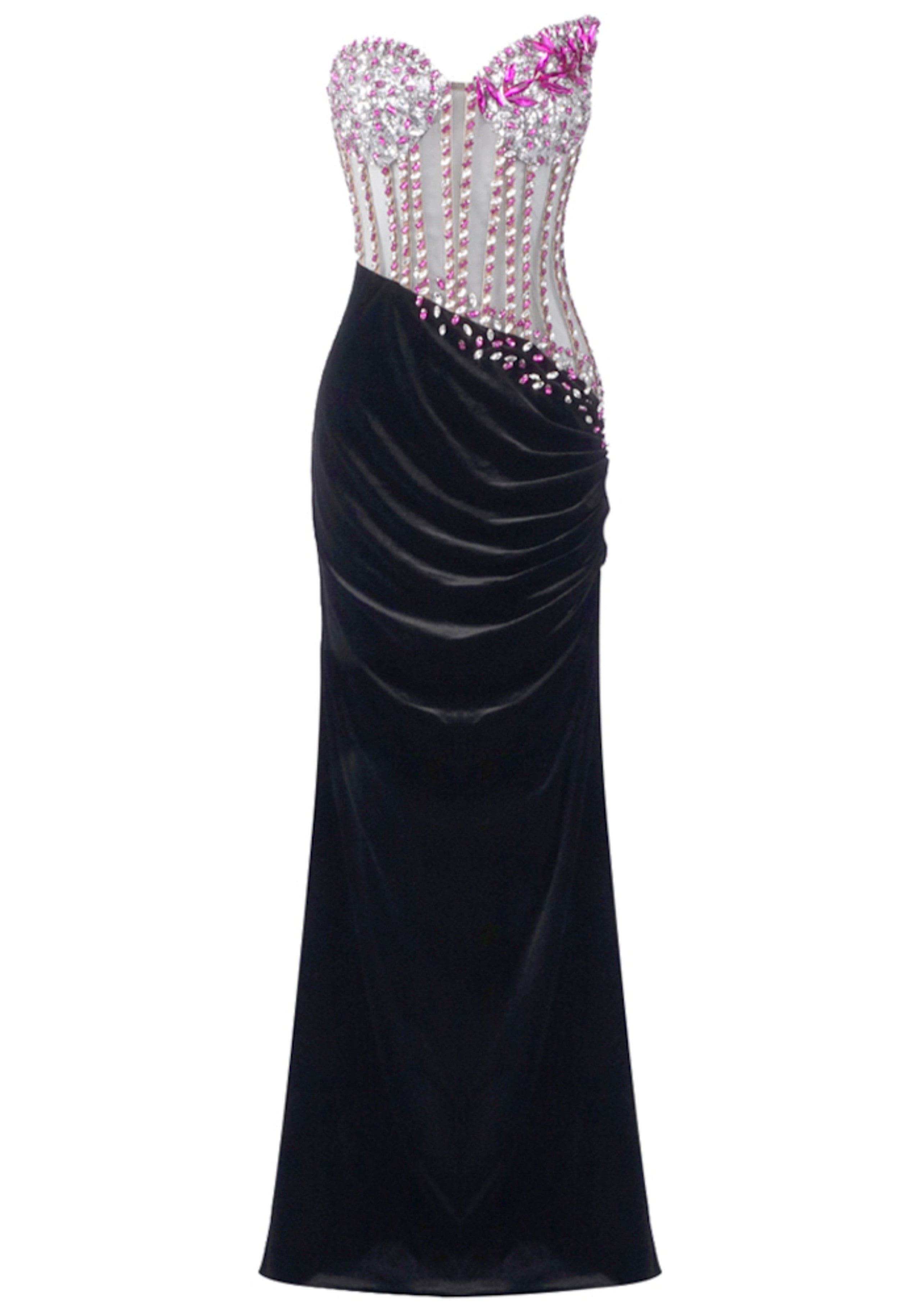 Roger Strapless Crystal Corset Maxi Velvet Dress In Hot Pink Black