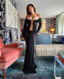 Gloria Long Sleeve Bustier Ruched Mesh Maxi Dress In Black