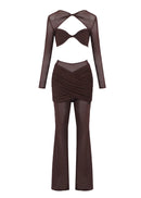 Monroe Long Sleeve Draped Two Piece Jumpsuit In Brown