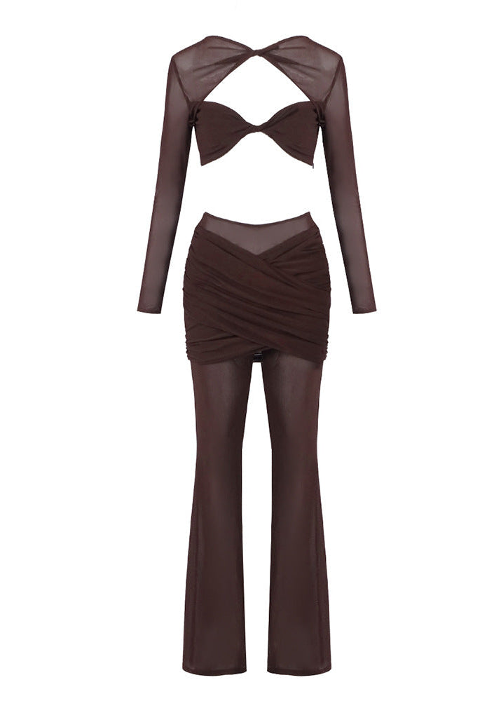 Monroe Long Sleeve Draped Two Piece Jumpsuit In Brown
