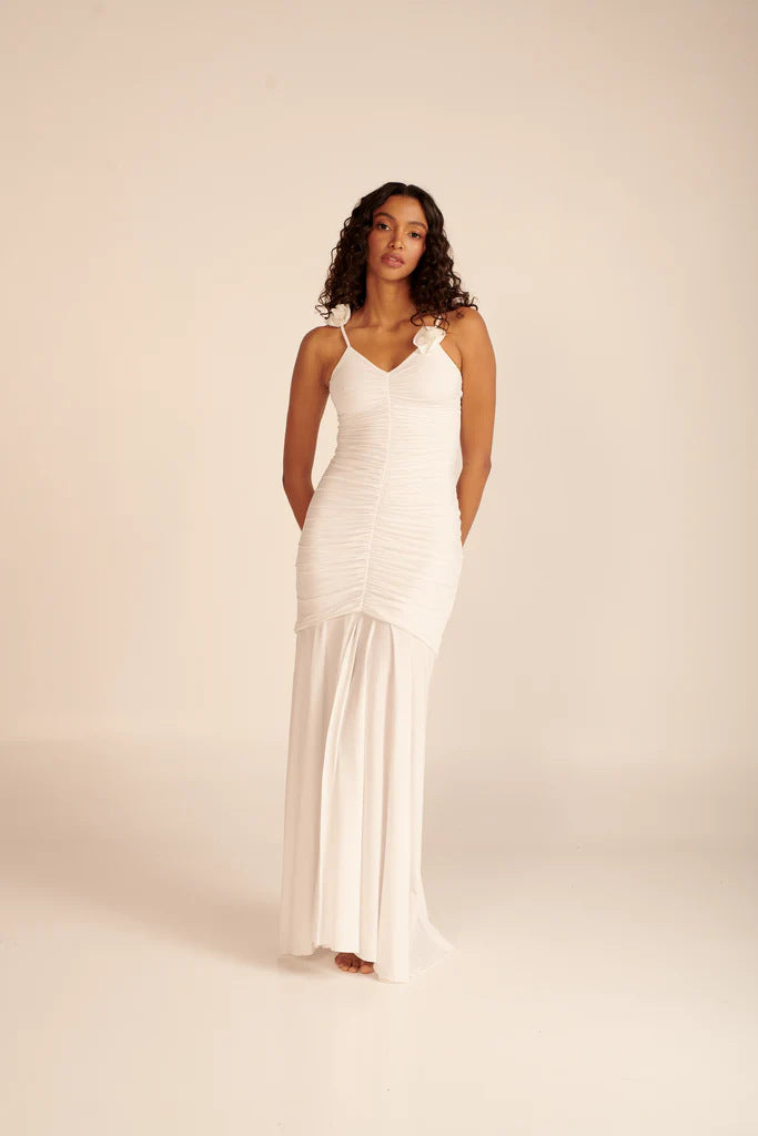 Madge Floral Gathered Maxi Dress In White