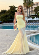 Raziela Strapless Mermaid Mesh Maxi Dress In Yellow