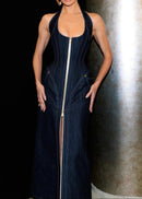 Fyriael Halter Structured A Line Maxi Denim Dress In Black