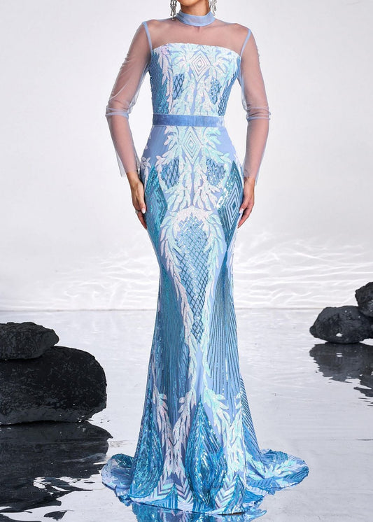 Tizoc Stand Collar Mermaid Maxi Dress In Light Blue