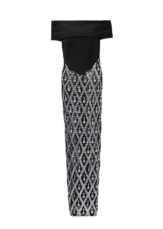 Isomorph Bardot Crystal Embellished Maxi Dress In Black