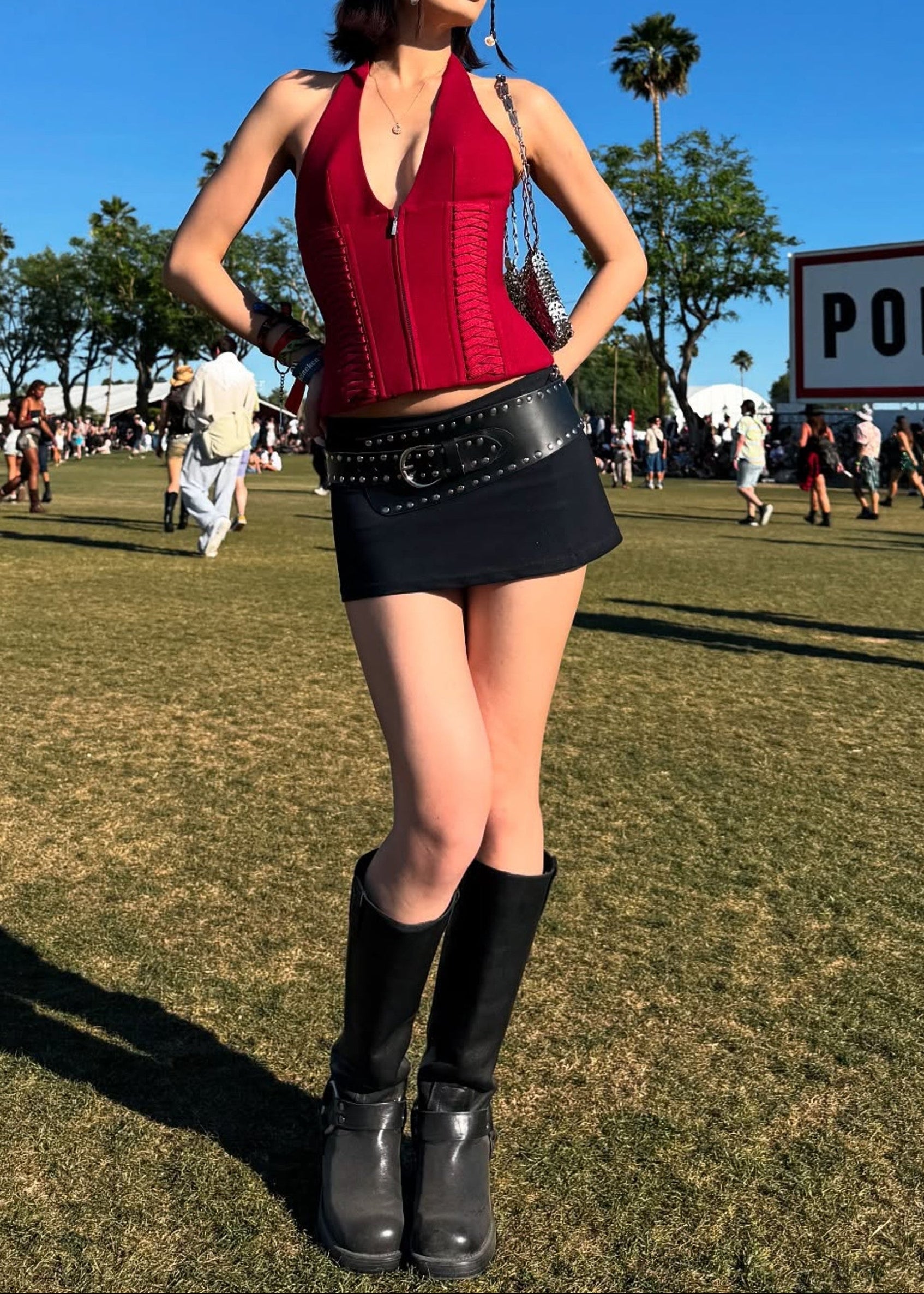 Kovriel Halter Lace Up Corset Top In Red