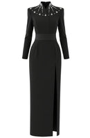 Gyron Long Sleeve Embellished Neck Maxi Dress In Black