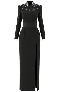Gyron Long Sleeve Embellished Neck Maxi Dress In Black