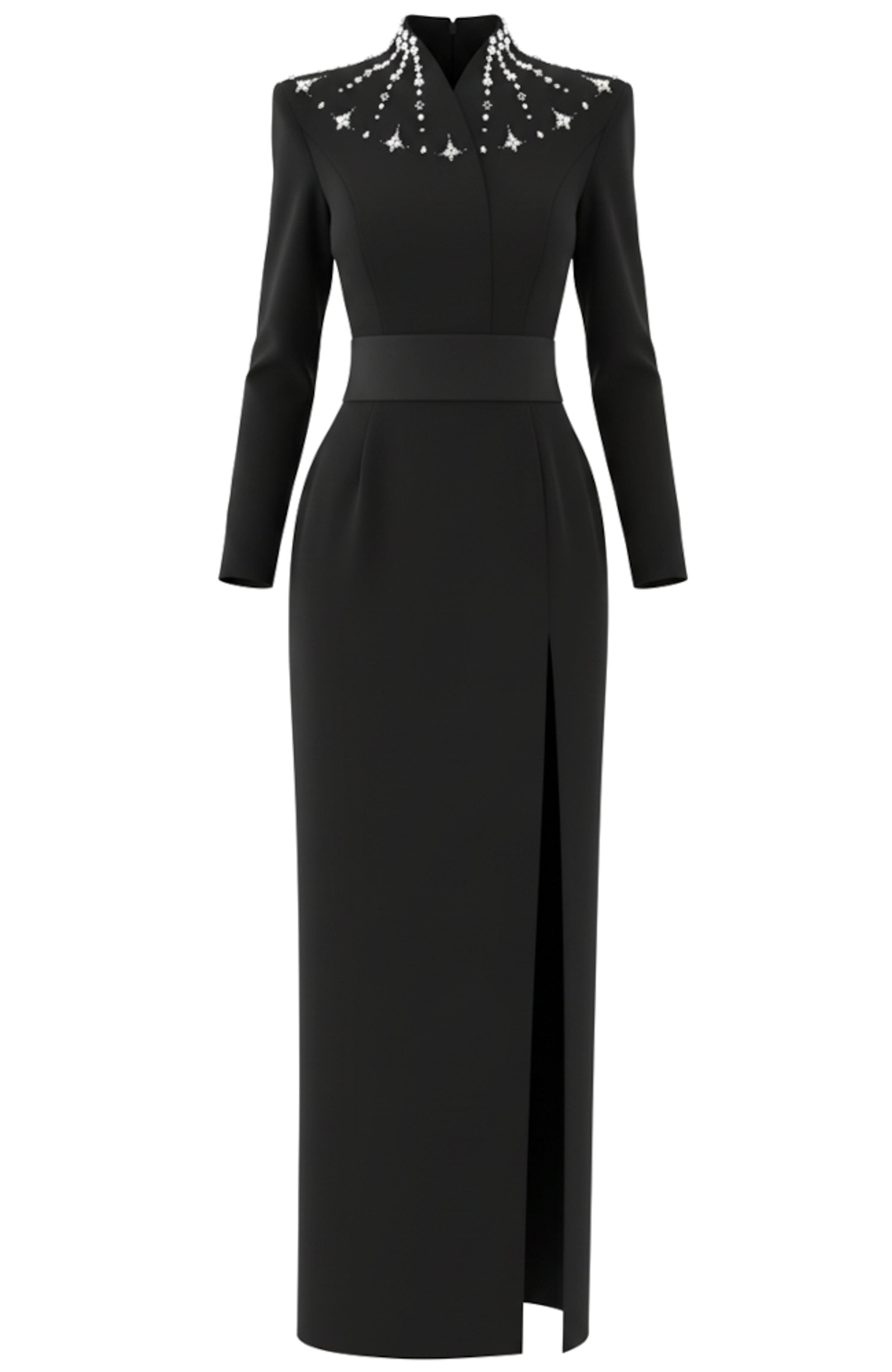 Gyron Long Sleeve Embellished Neck Maxi Dress In Black