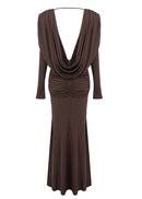 Sagebrush Long Sleeve Draped Backless Maxi Dress In Brown