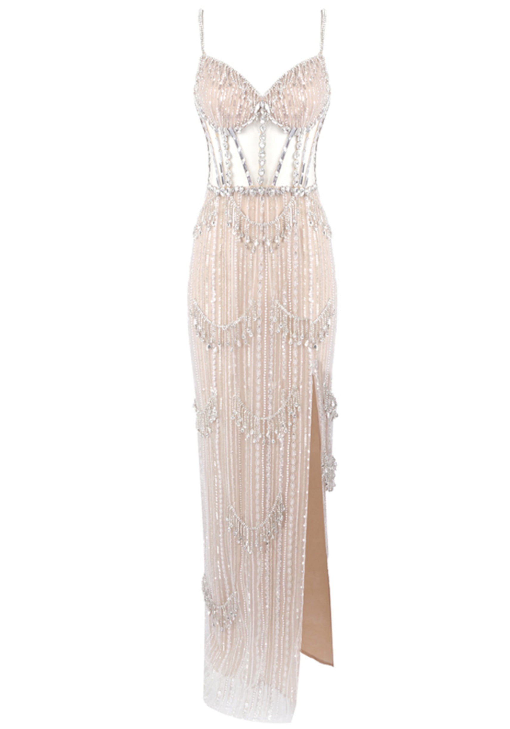 Zyxara Crystal Sequin Bustier Maxi Dress In Nude