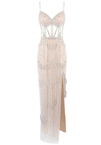 Zyxara Crystal Sequin Bustier Maxi Dress In Nude