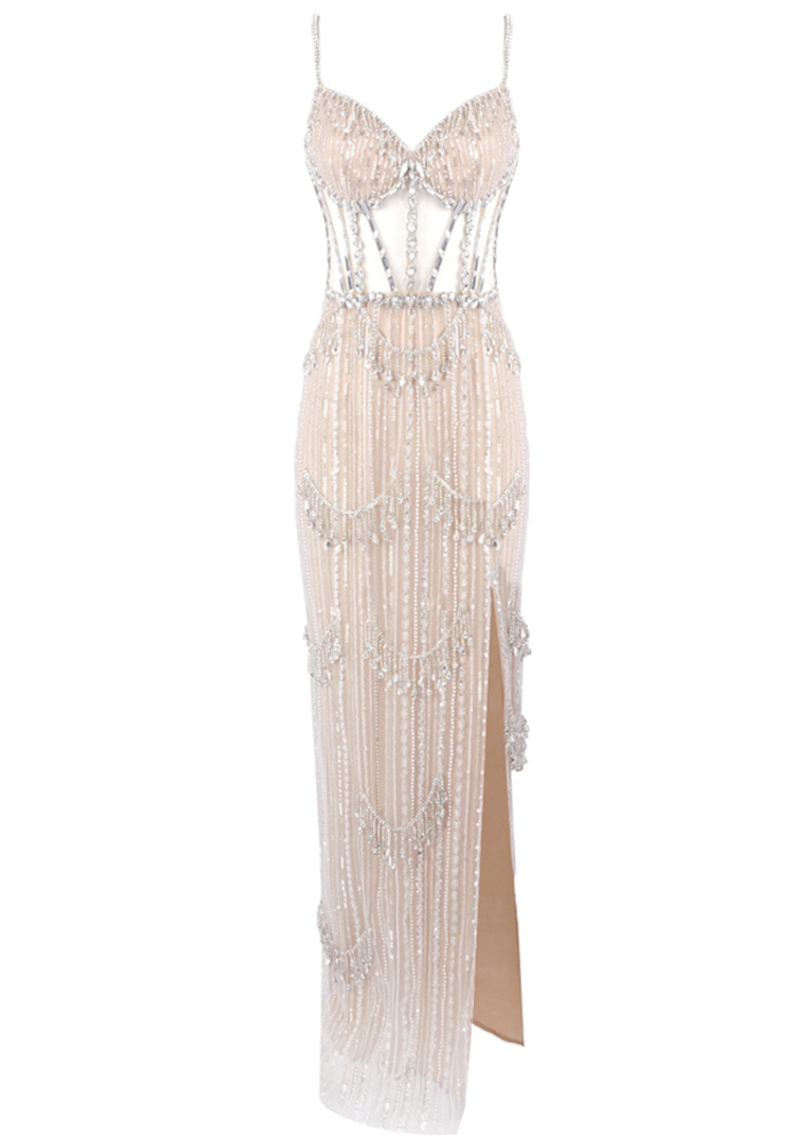 Zyxara Crystal Sequin Bustier Maxi Dress In Nude