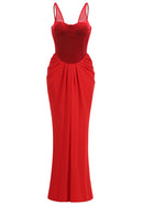 Cazmir Velvet Bustier Draped Maxi Dress In Red