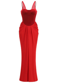Cazmir Velvet Bustier Draped Maxi Dress In Red