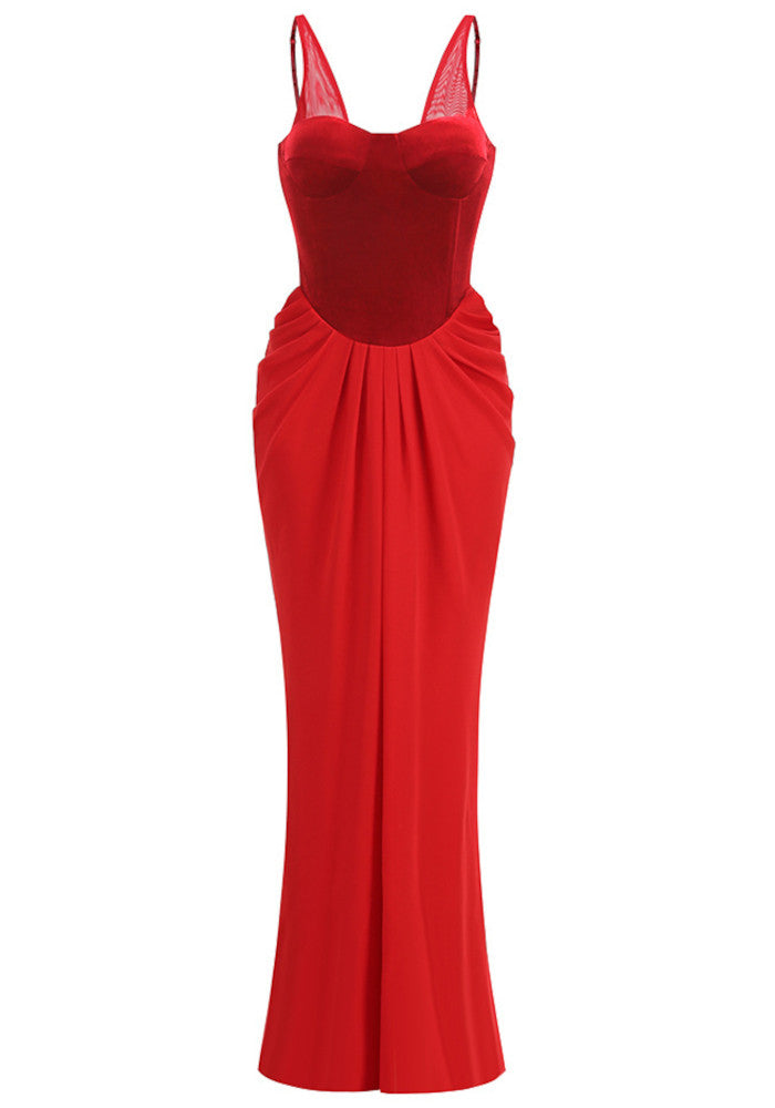 Cazmir Velvet Bustier Draped Maxi Dress In Red