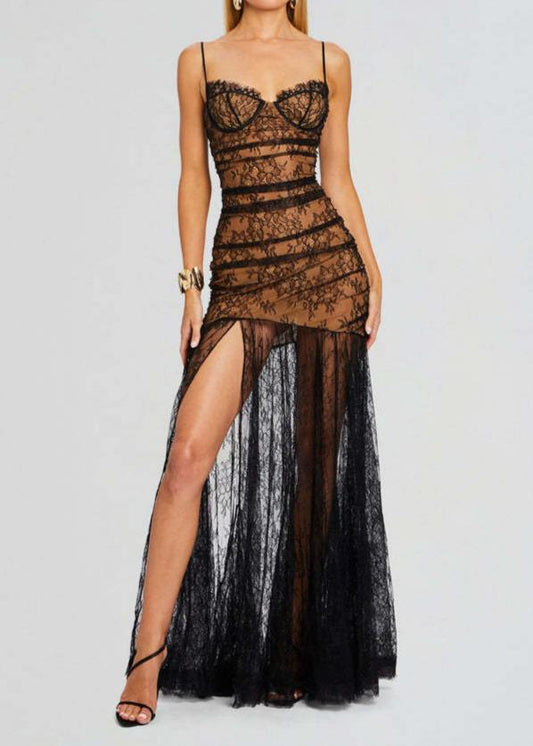 Ochre Floral Print Lace Maxi Dress In Black