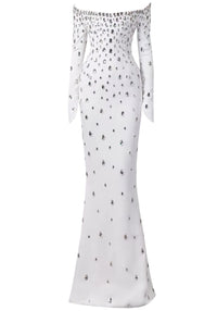 Uryndel Long Sleeve Crystal A Line Maxi Dress In White