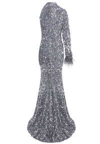 Jaron One Sleeve Sequin Maxi Dress In Grey