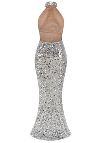 Nebulae Halter Sequin Crystal Backless Maxi Dress In Silver