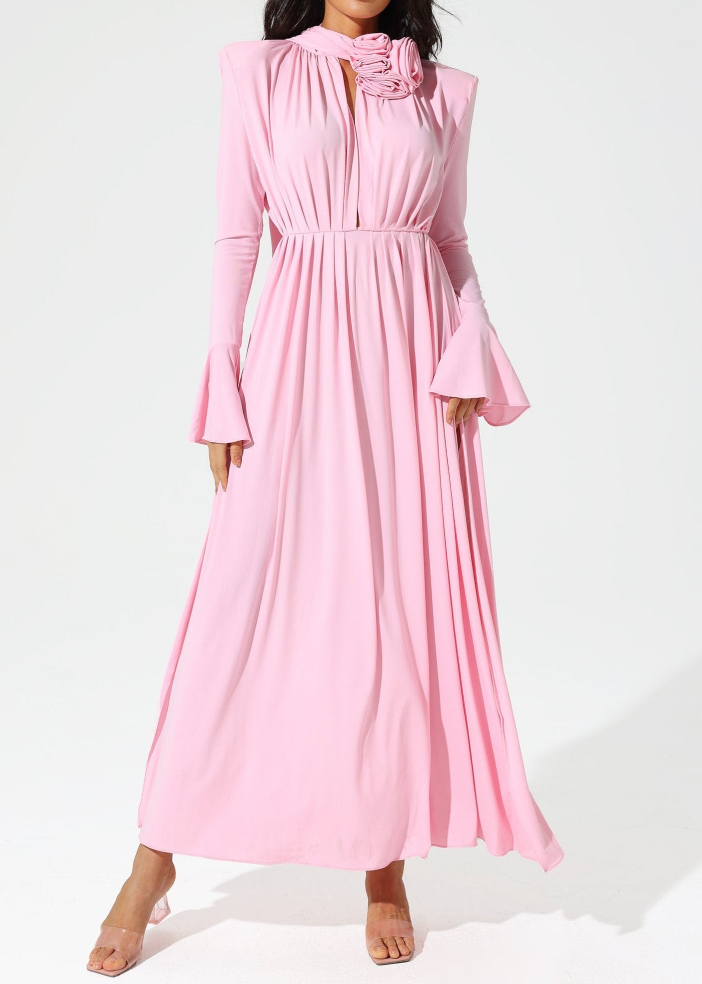 Abelia Lantern Sleeve High Collar Flower Slit Midi Dress In Pink