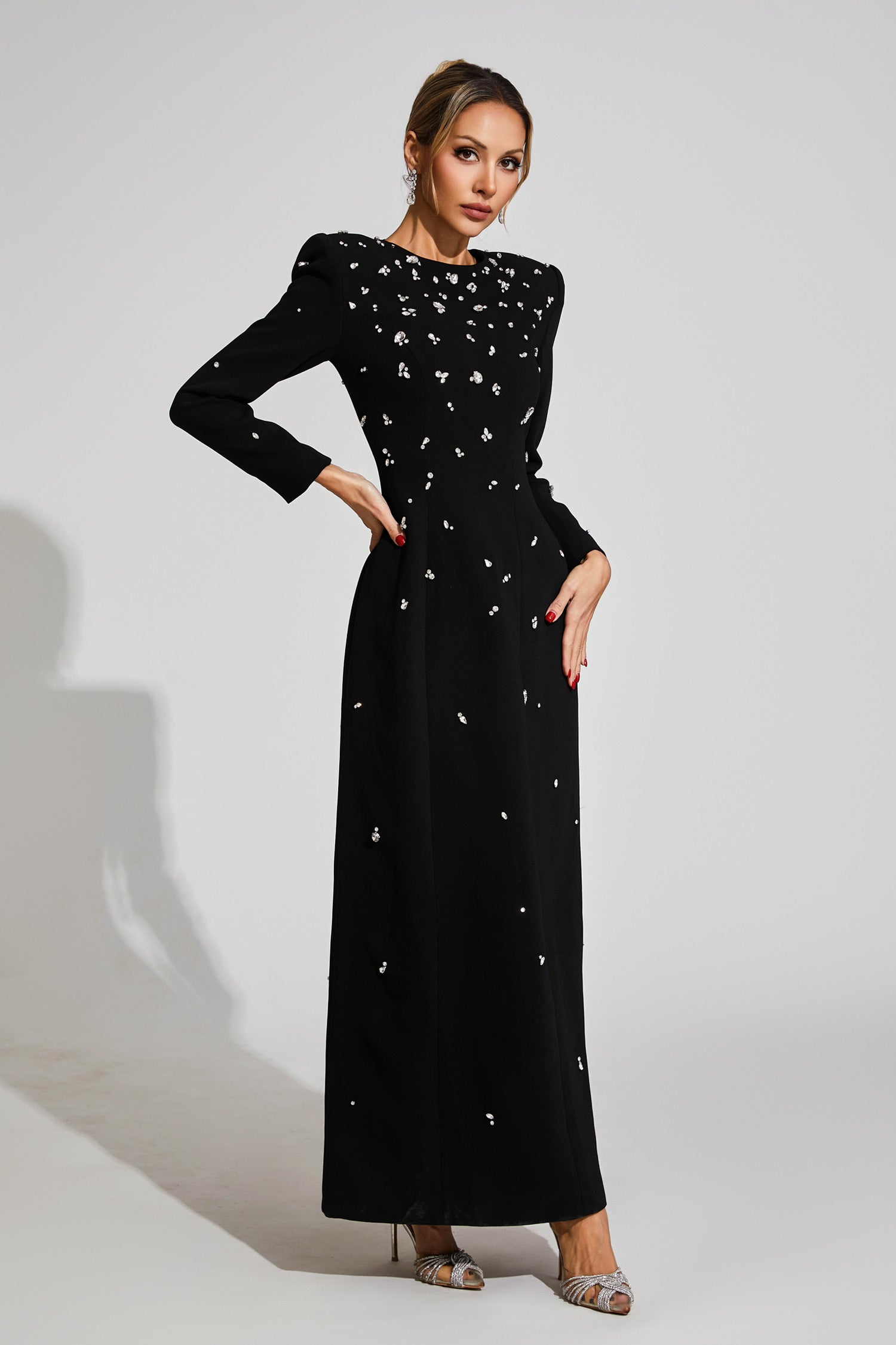 Bethel Long Sleeve Crystal A Line Maxi Dress In Black