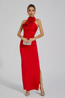 Dalary Red Floral Ruched Halter Maxi Dress